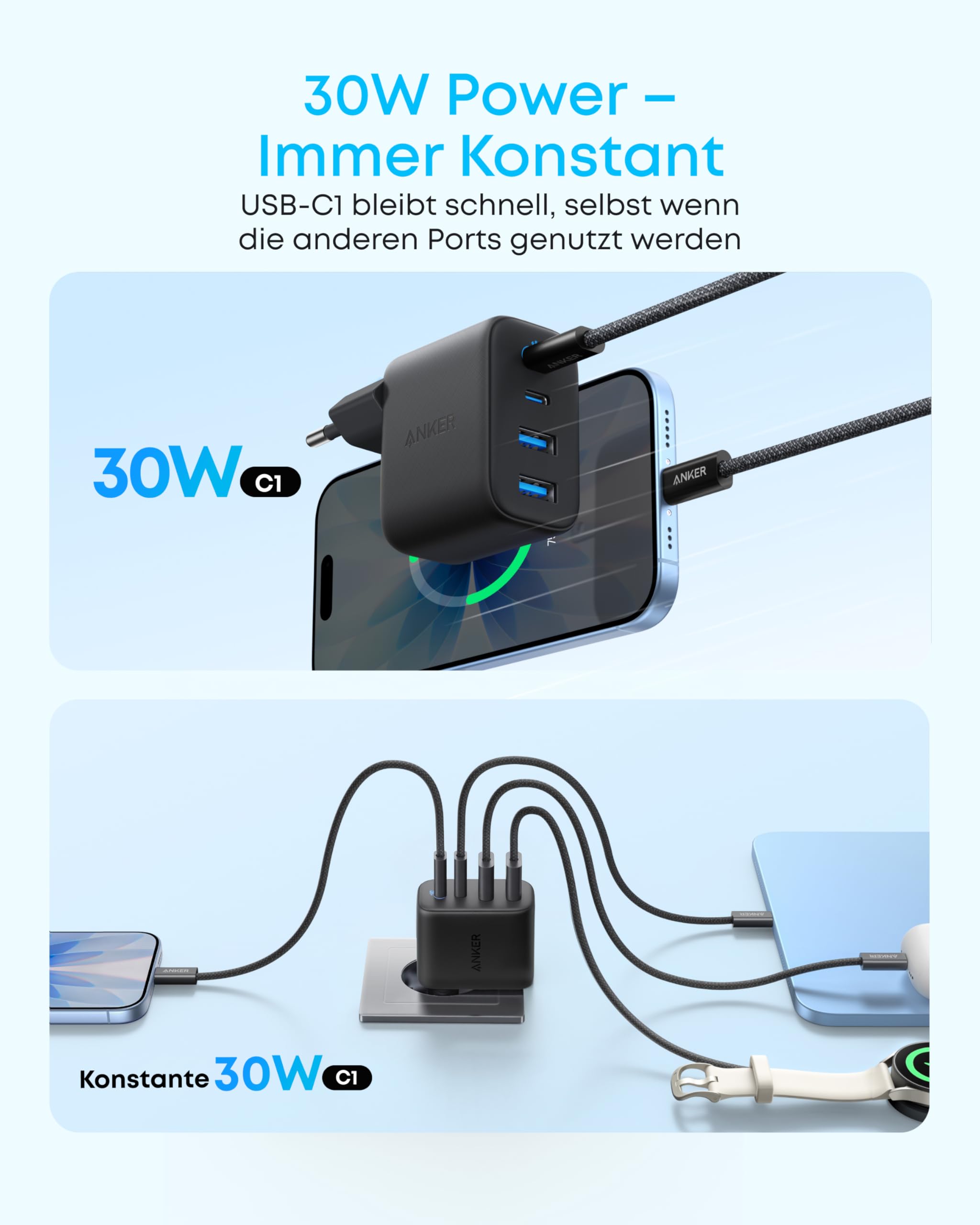 Anker Zolo 50W USB C Ladegerät, 4-Port Netzteil mit 2 USB-C und 2 USB-A, Kompaktes Schnellladegerät Für iPhone 17 Pro Max/16/15/14/13-Serie, iPad, Pixel, Galaxy, MacBook (ohne Kabel) 3