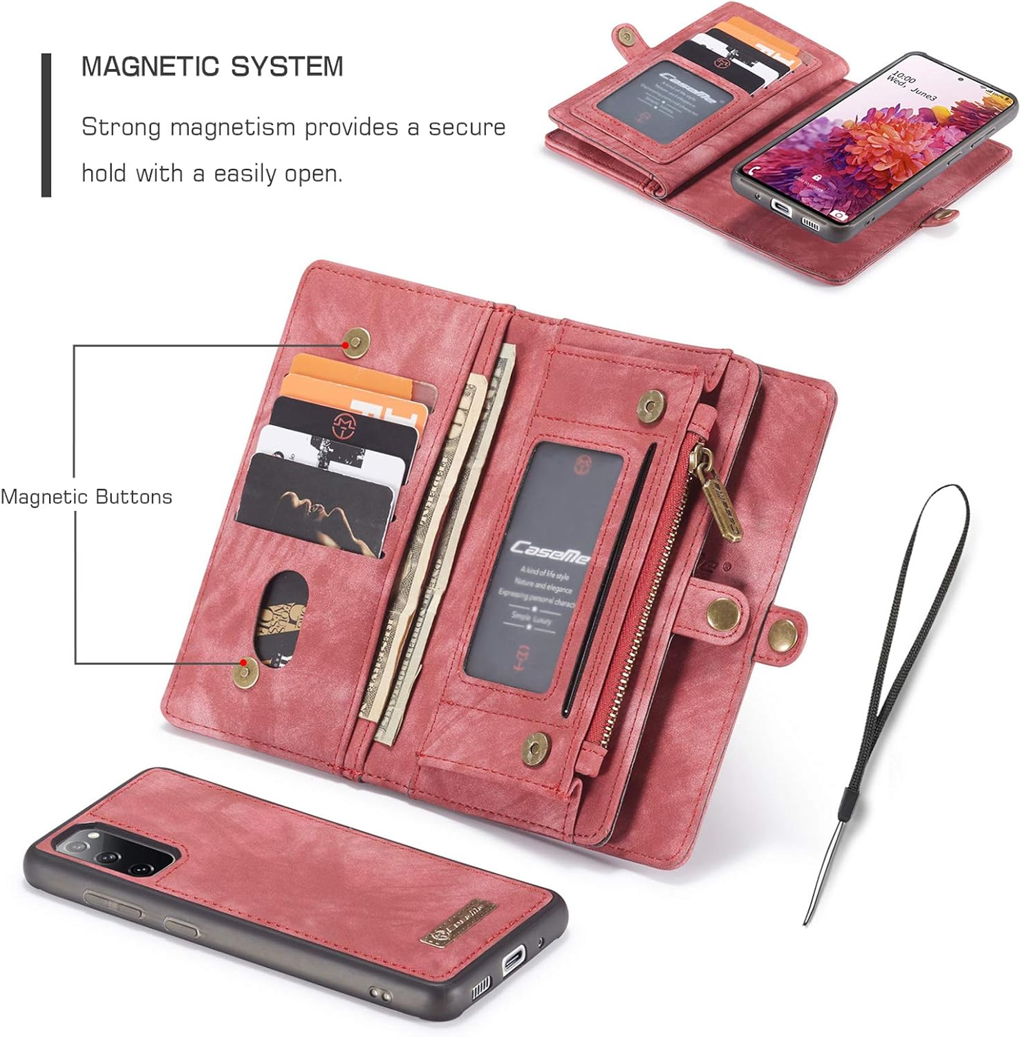 ANROD Detachable Leather Wallet Case for Samsung Galaxy S20 FE 5G,CaseMe Magnetic Closure 2-in-1 Flip TPU Shockproof Zipper Purse Back Cover with Card Slots (Red) - Image 4