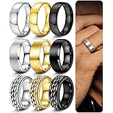 FIASASO 9Pcs Rings for Men Silver Black Mens Rings Stainless Steel Wedding Bands for Men 8MM Width Mens Wedding Band Ring Set Silver Black Male Promise Bands Ring Size 6-14