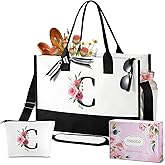 TRSODD Birthday Gifts for Women Mothers Day Gifts for Mom Wife Grandma Daughter Sister Teacher Appreciation Initial Tote Bag with Adjustable Shoulder Strap and Makeup Bag C