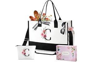 TRSODD Birthday Gifts for Women Mothers Day Gifts for Mom Wife Grandma Daughter Sister Teacher Appreciation Gifts Initial Tote Bag with Adjustable Shoulder Strap and Makeup Bag C
