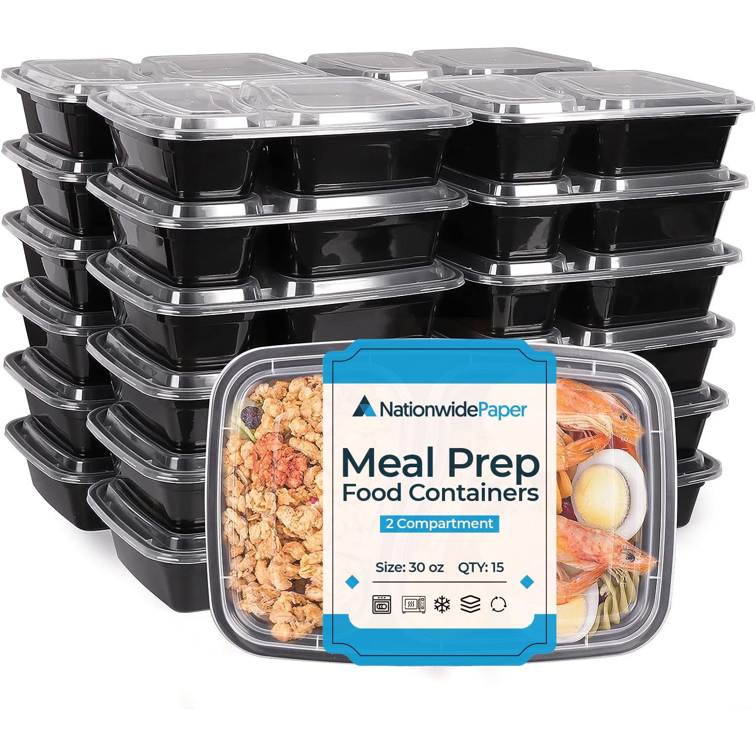 Nationwide Paper 2 Comp 15 Pcs-2 Compartment Meal Prep Containers Reusable with Lids, Microwave and Freezer Safe Stackable Bento box-30oz, Plastic, 887 milliliters, Black