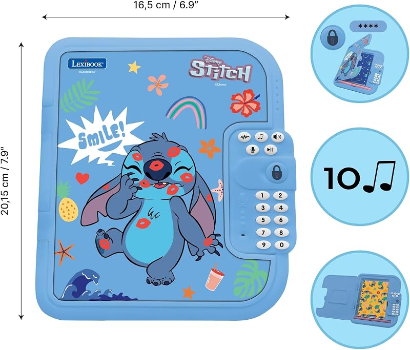 , Disney Stitch, diário eletrónico interativo com caneta e caderno incluídos, protegido por palavra-passe, funcionalidades divertidas e efeitos sonoros, azul, SD50D