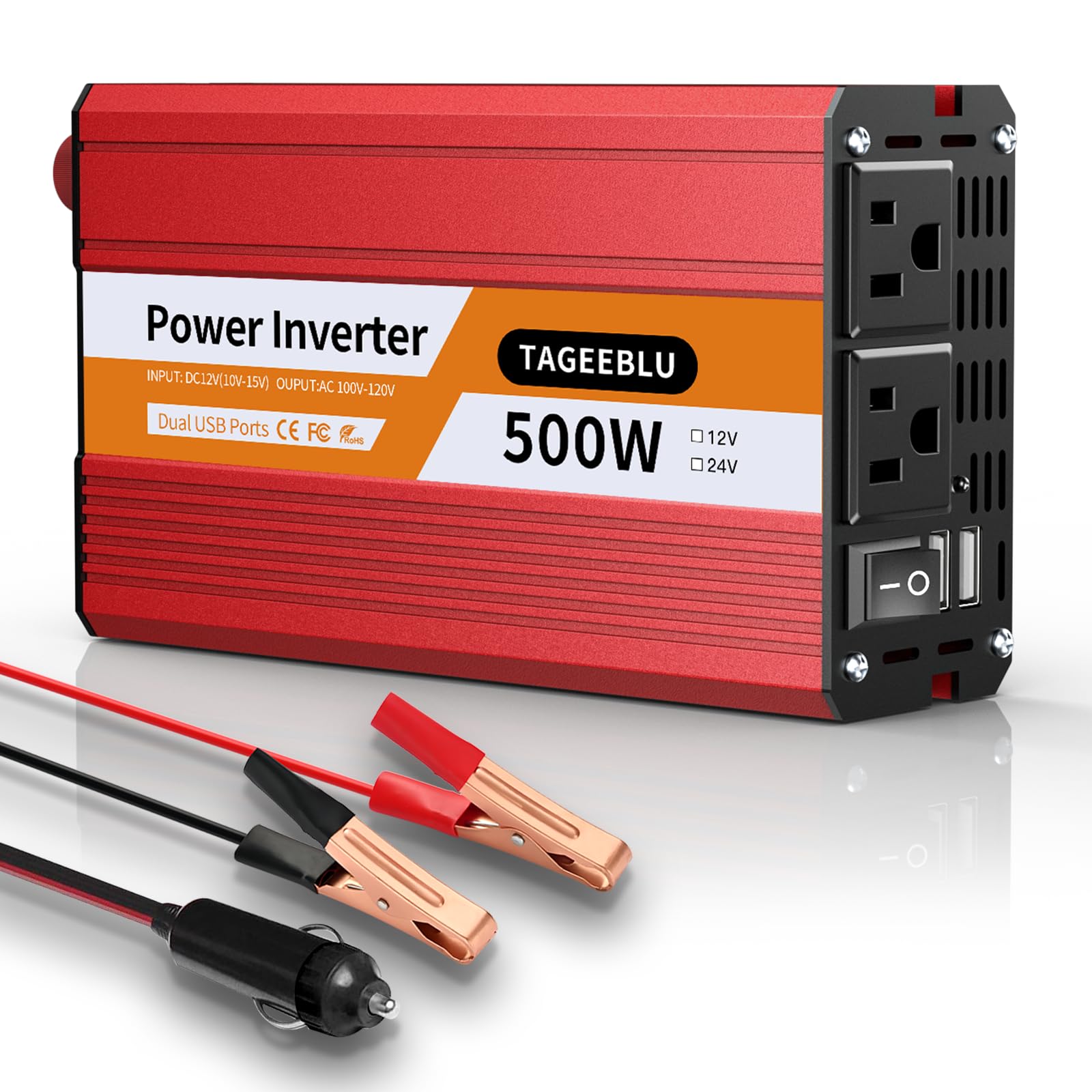 Photo 1 of TAGEEBLU 500W Power Inverter DC 12V to 110V/120V AC Car Inverter with 2 x 3.0A USB Ports and Dual AC Outlet, Equipped with 1 Cigarette Lighter and 2 Battery Clamps for Road Trip and Camping