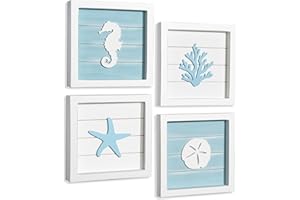 TIDE AND TALES TideAndTales Ocean Beach Themed Room Decor (Framed Set of 4) Coastal 3D Wall Art with Starfish, Seahorse, Sand Dollar and Coral - Turquoise Coastal Room Decor - Seashell Beach Decorations for Home