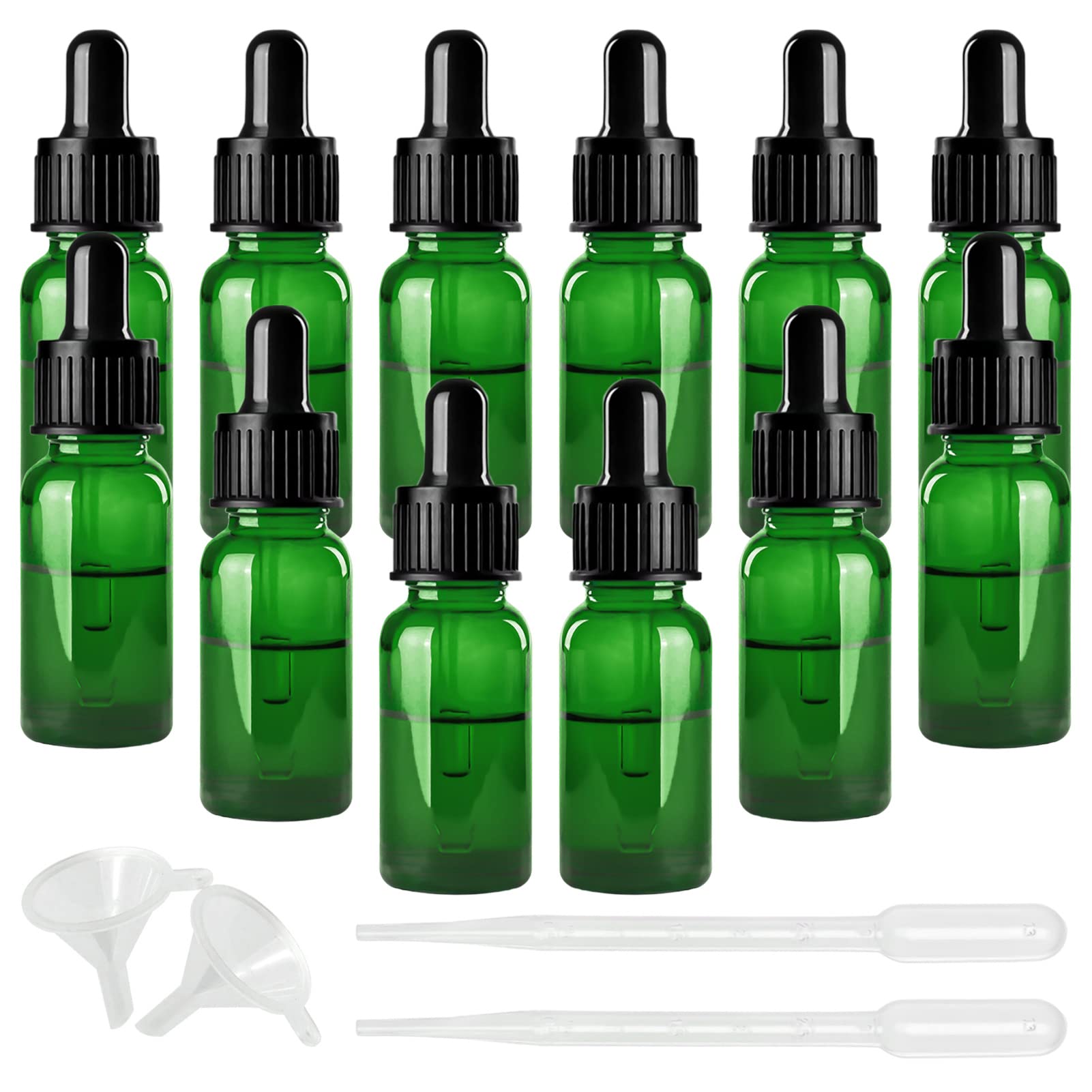 12 Pack 10ml Green Dropper Bottle, Essential Oil Glass Bottles with Glass Pipette, small Sample Glass Bottles, Refillable Cosmetics Container Vials for Aromatherapy Blends, Massage Beauty Oil