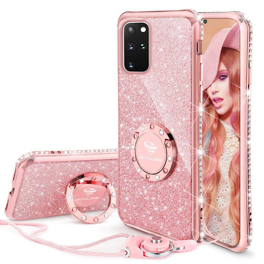 OCYCLONE Hülle für Galaxy S20 Plus 6,7 Zoll, Glitter Diamond Hülle mit Ringhalter und Lanyard für Mädchen Frauen, Bling Stoßfeste Schutzabdeckung für Galaxy S20+ 5G - Roségold