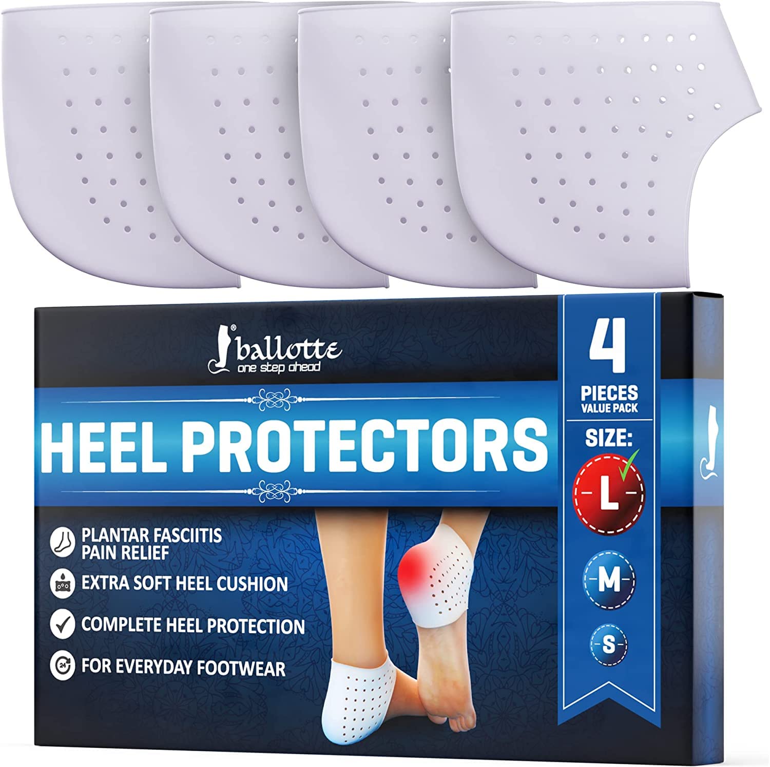 Ballotte Premium Silicone Heel Protectors (Large - 4 Pack) | Gel Heel Pads/Silicone Socks for Women & Men - Pain Relief for Cracked Heel | Blister Prevention Heel Cups/Cushions for Plantar Fasciitis