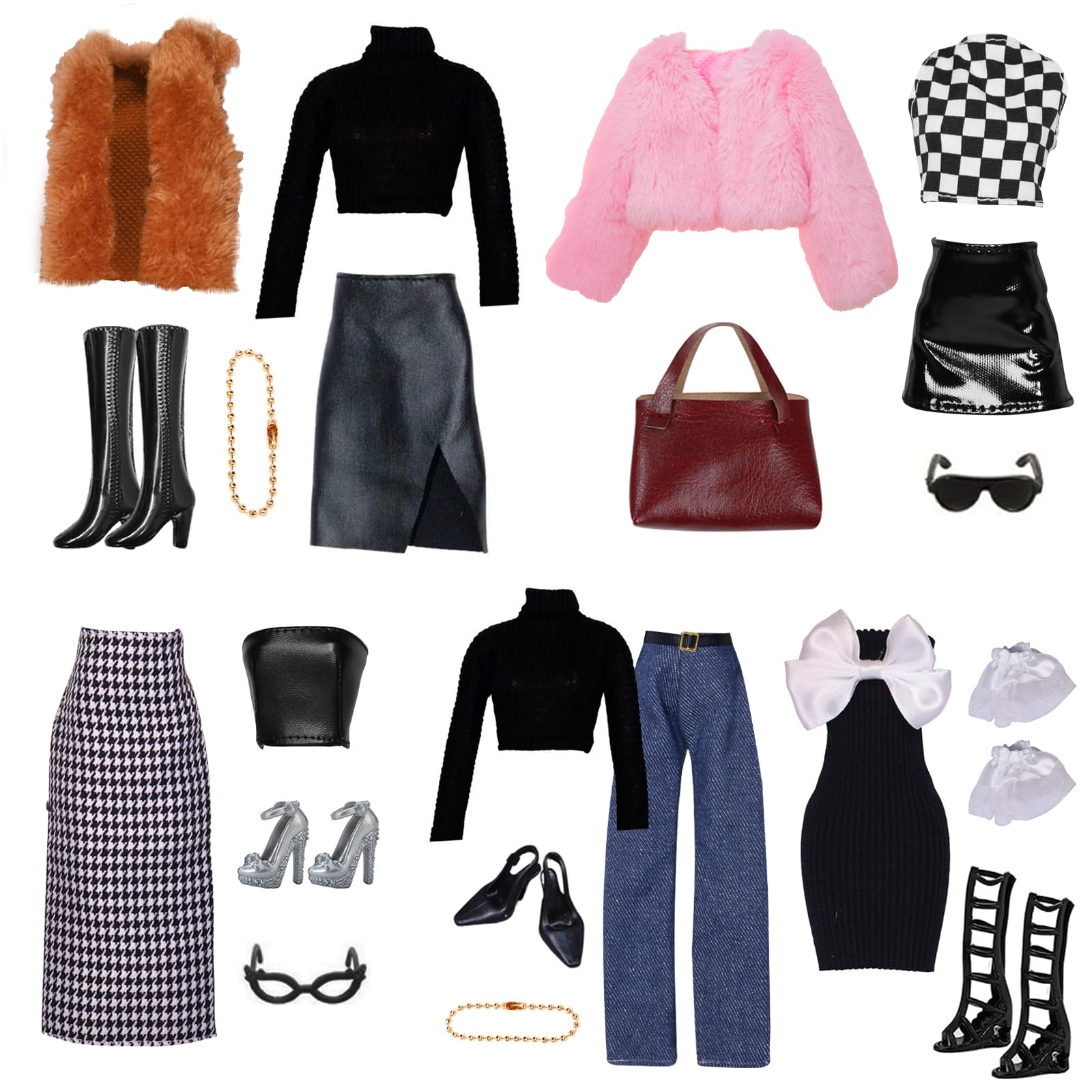 17 Pcs Doll Clothes Compatible with Barbie 11.5 inch Doll, Include Plush Vest Set Leather Plunge Dress Set Fashion Set Plush Short Dress Set Bow Tie Dress Set 4 Accessories 7 Pair of Shoes In Random