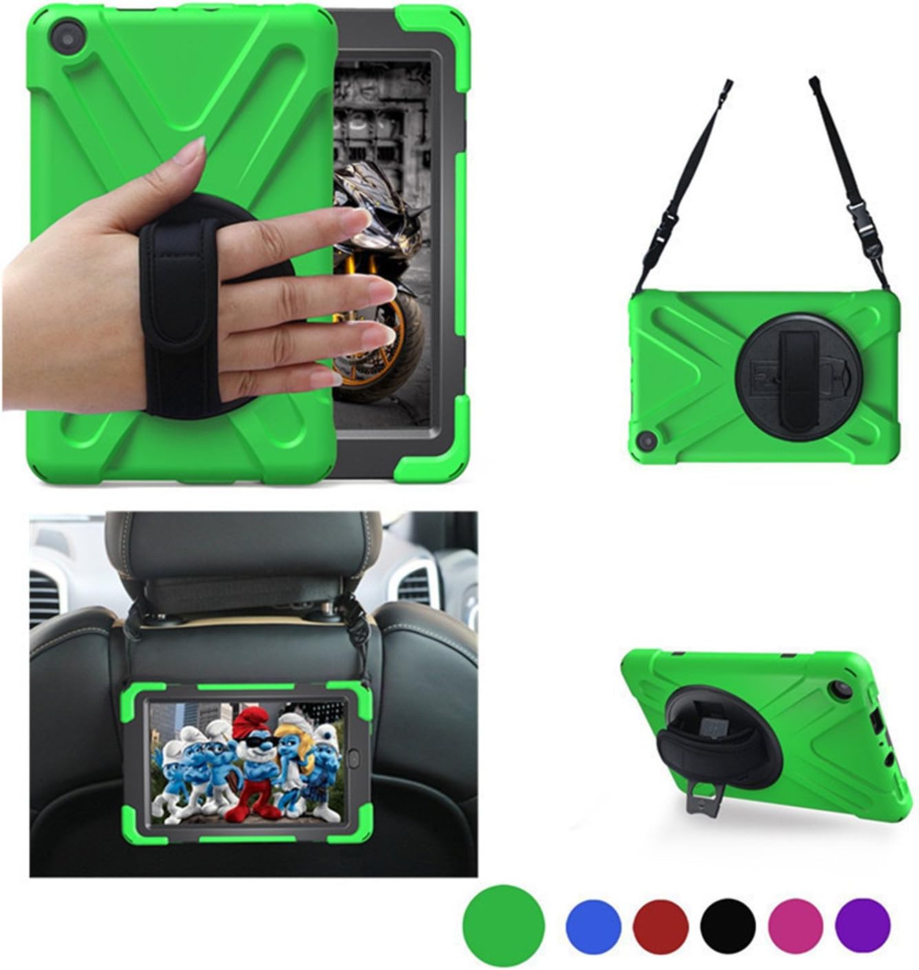 All-New Amazon Fire HD 8 Tablet Case 2017,Full Body Rugged Protective Cover,Removable Shoulder Strap, 360 Degree Rotatable Kickstand,Car Mount,Rotating Hand Holder (8" Fire HD 8 Tablet with Alexa, 7th Generation - 2017 release Only)-Green