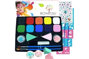 Bowitzki Body Face Paint Kit With 10 Colors,32 Stencils,2 Brushes,2 Chunky Glitters,2 Sponges,1 Glue,Water Based Easy To Remove Face Painting For Kids, Safe Professional Halloween Party Makeup Set