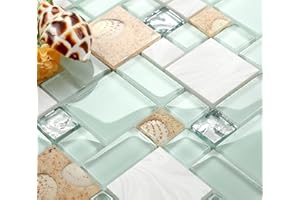 Hominter Coastal Beach Glass Stone Mosaic Tile – Lake Green, White & Sandstone Shell Design for Kitchen Backsplash, Bathroom and Shower Walls, Spa Decor (5 Square Feet)