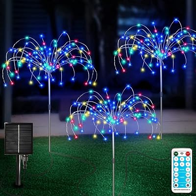 FANSIR Solar Garden Lights Outdoor 3 Pcs Fireworks with Remote 8 Modes 120 LEDs