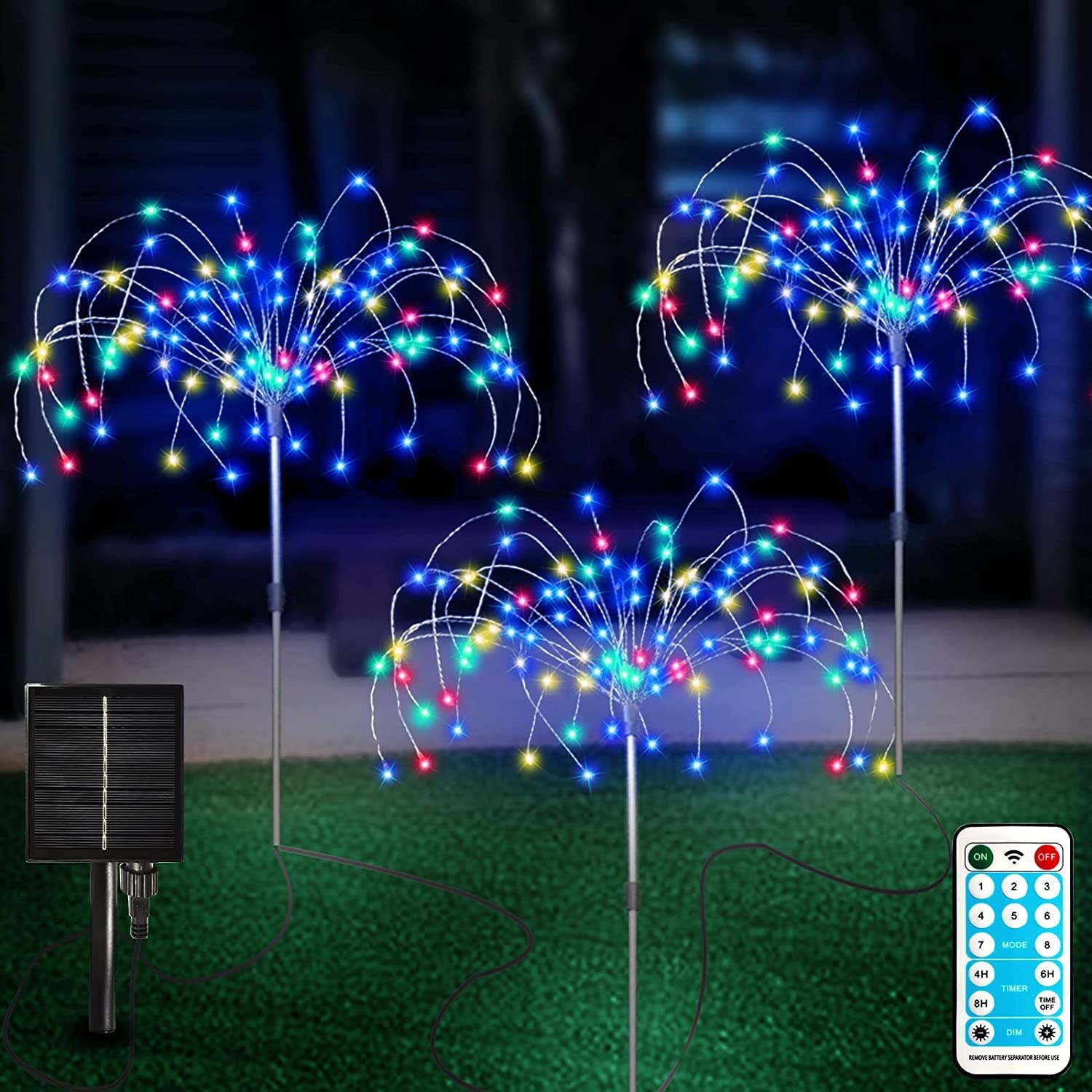 FANSIR Solar Garden Lights Outdoor 3 Pcs Solar Fireworks Garden Lights with Remote Control 8 Modes 120 LEDs Waterproof Outdoor Lamp Lawn Backyard Flower Boxes Pathway Multicolor