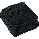 LONG CREATE Chunky Knit Throw Blanket 50"X 60", 100% Handmade with Soft Chenille Yarn, 4.4lbs Thick Cable Knitted Blankets, Large Rope Knot Crochet Throws for Couch Sofa Bed Home Decor, Black