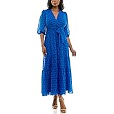 Maison Tara Women's 3/4 Sleeve V-Neck Geometric Print Tie Waist Maxi Dress