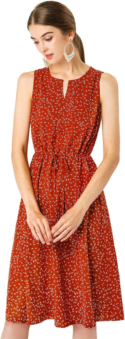Allegra KWomen's Printed Split Neck Drawstring Waist Sleeveless A-Line Midi Dress