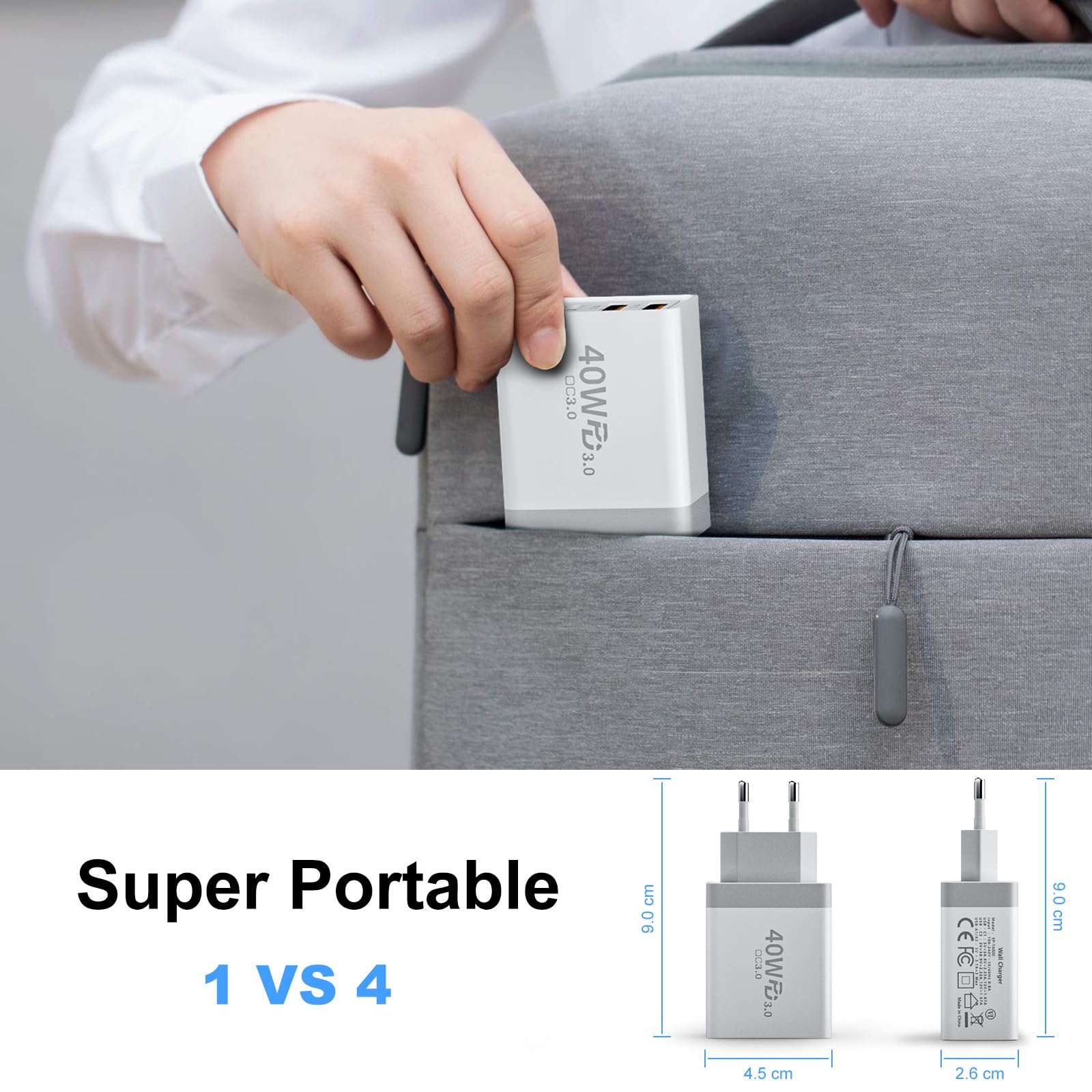 USB C Ladegerät, 40W 4-Ports Mehrfach Ladegerät mit USB-C und USB A, Schnellladegerät PD3.0 Power Adapter USB Netzteil Stecker für iPhone 17/16/15/14/13/12/11/Pro Max/XS/XR, iPad Samsung Galaxy S25 5