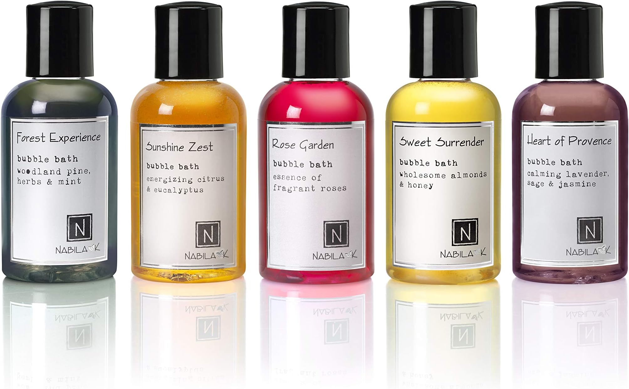 N Nabila K Bubble Bath Sampler, Bundle of Five Scents, Gift Set, spa Bath, 2oz/60mL Each