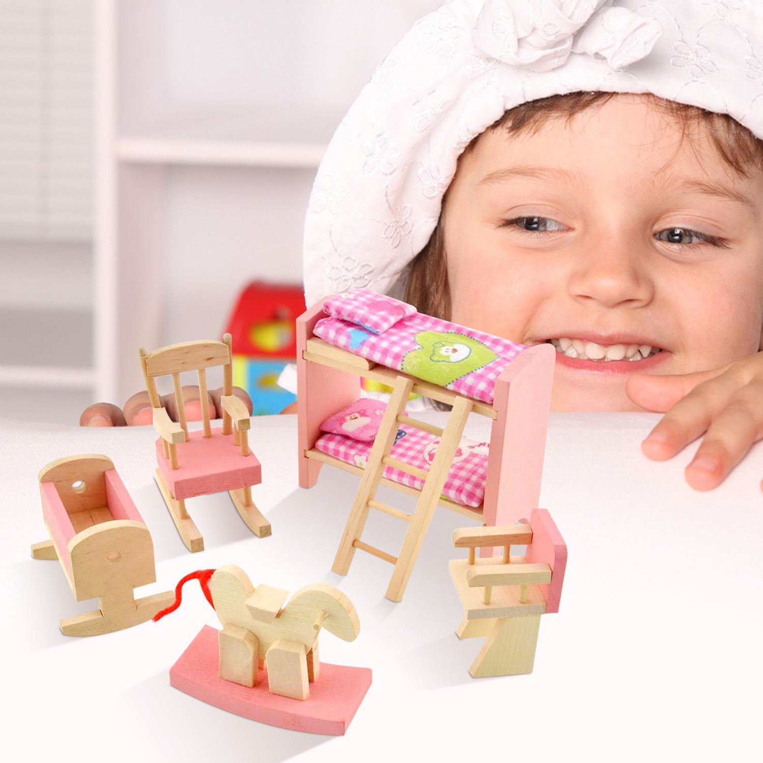 Wooden Doll House Furniture Set,Miniature Bathroom/Kid Room/Kitchen House Nursery House Furniture Dollhouse Decoration Accessories for Kids Toddlers Children Pretend Role Play Toy By Peradix(Bunk Bed)