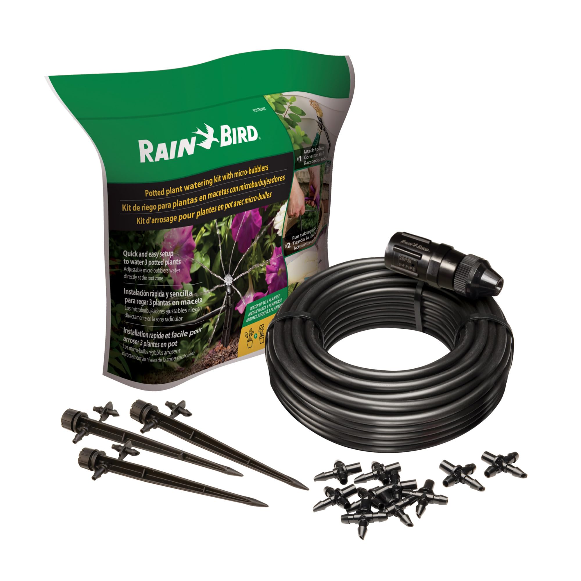Photo 1 of ITEM IS MISSING PARTS, UNSURE WHAT PARTS ARE MISSING -----------------------Rain Bird POTTEDKIT Drip Irrigation Container/Potted Plant Watering Kit, Connects to Faucet/Garden Hose, 1/4" Drip Tubing, 360° Micro Bubblers, T-Fittings and Pressure Regulator