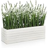 14 Inch Artificial Lavender Flower Arrangement in Rustic Rectangular Wood Planter Box White Fake Lavender Flower Faux Potted Lavender Plants for Table Centerpiece Windowsill Shelf Home Decor Indoor