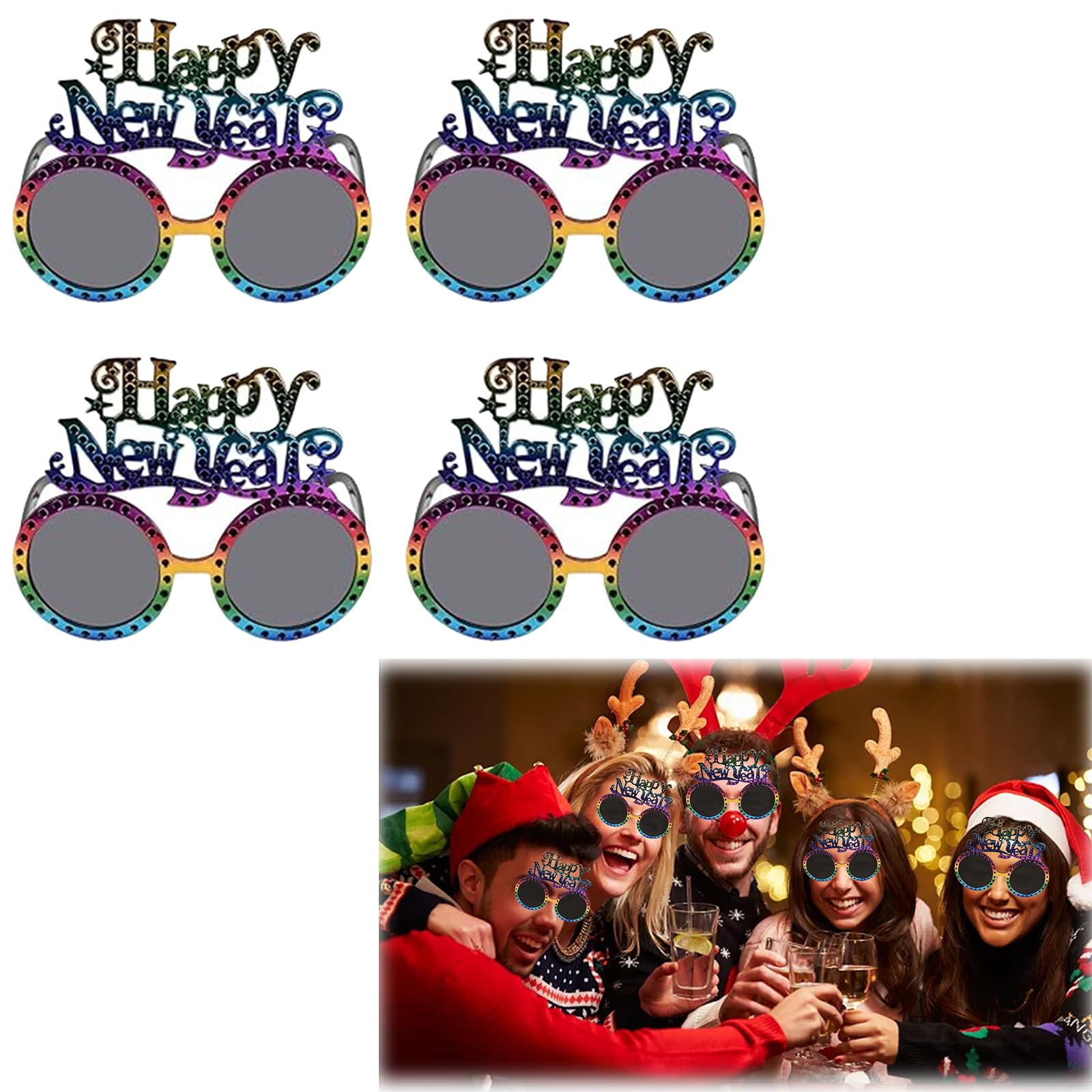 PLATEYTR 4 Pieces Colorful New Year Party Glasses, 2024 New Year's Eve Decoration, New Year's Eve Party Glasses, Novelty Party Glasses Photo Booth Props