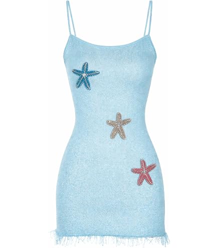 Seyumixi Women Sequin Starfish Short Dress Y2k Square Neck Sleeveless Seashell Dress Sparkly Mini Dresses Vacation Beach(Ruffle Black,S) at Amazon Women's Clothing store