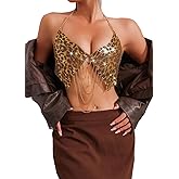 Women’s Cheetah Print Sequin Body Chain Bra Gold Backless Sexy Crop Top Tie Back Corset Halter Metallic Y2K Vest Shirt Rave