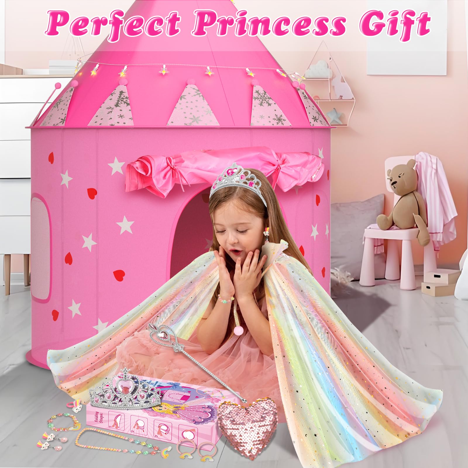 URCUZER Princess Tent with 13PCS Dress Up for Girls, Castle Playhouse with Star Lights for Kids Indoor and Outdoor Games (Rainbow)