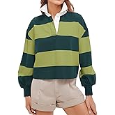 JEIBKOUY Womens Striped Color Block Polo Sweatshirt Y2k Long Sleeve Lapel Collar Rugby Shirt Button V Neck Pullover Crop Tops