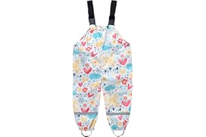 Kids Rain Bibs Pants Cute Graphic Waterproof Windproof Rain Overalls Toddler Boys Girls (White-J, 8-9 Years)