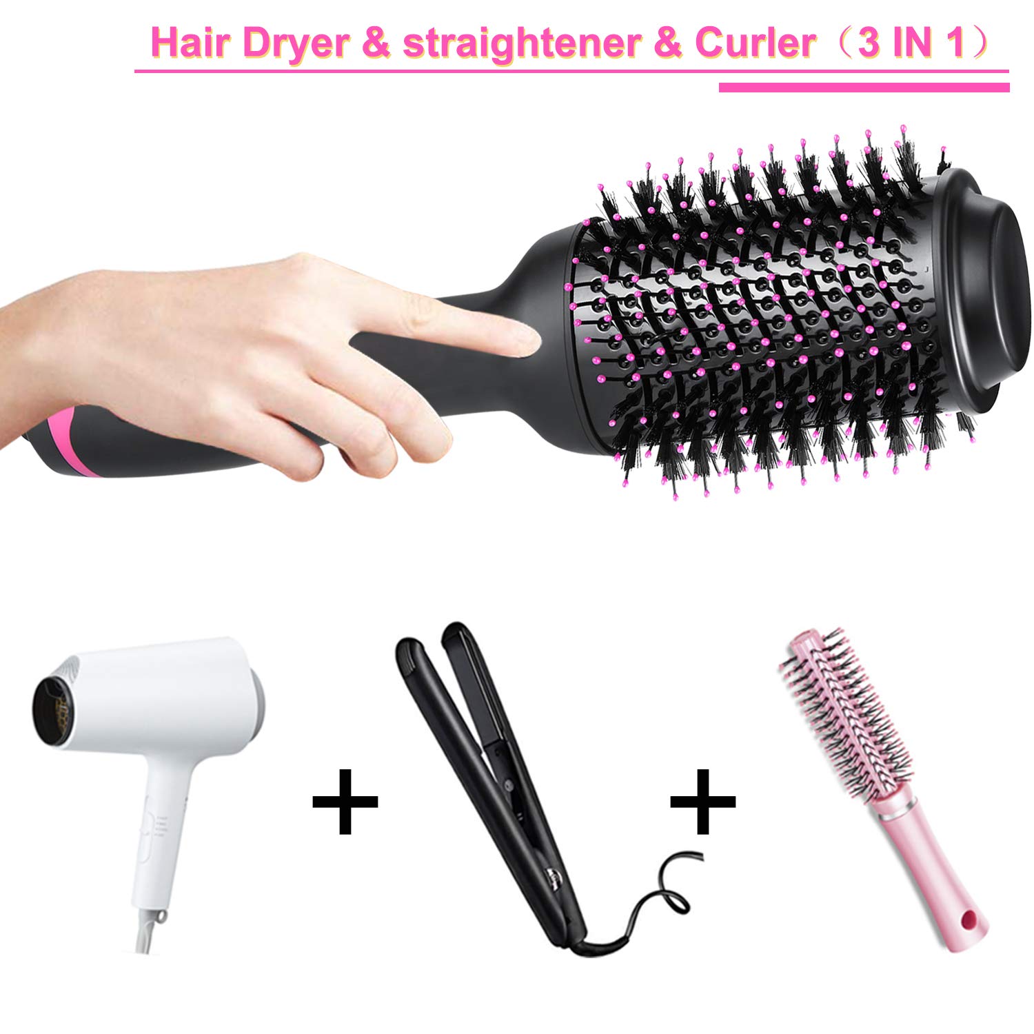 Hair Dryer Brush, Hot Air Brush, Hair Styler for Drying & Straightening & Curling, 3 in 1 Pink Lighter Styler, Hair Dryer & Volumizer : Beauty