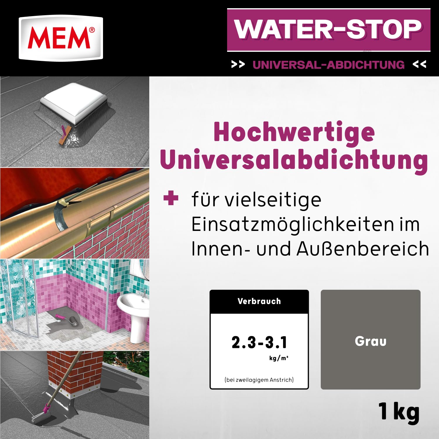 MEM Water Stop Abdichtungsmasse, Universalabdichtung & Feuchtigkeitssperre für innen & außen, Sofort dichtend, Lösemittel-, silikon- & bitumenfrei, Grau, 1 kg Eimer 2