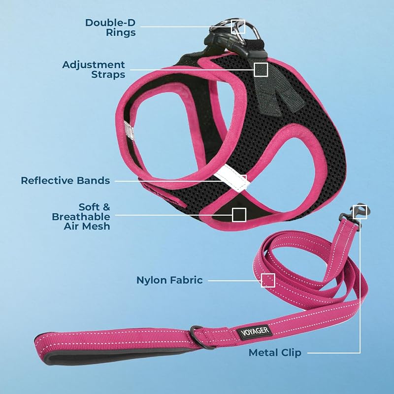 Voyager Step-in Air - Arnês de malha para todas as condições meteorológicas e trela refletora de 5 pés com pega em neoprene, para cães pequenos, médios e grandes, borda preta/rosa, tamanho S
