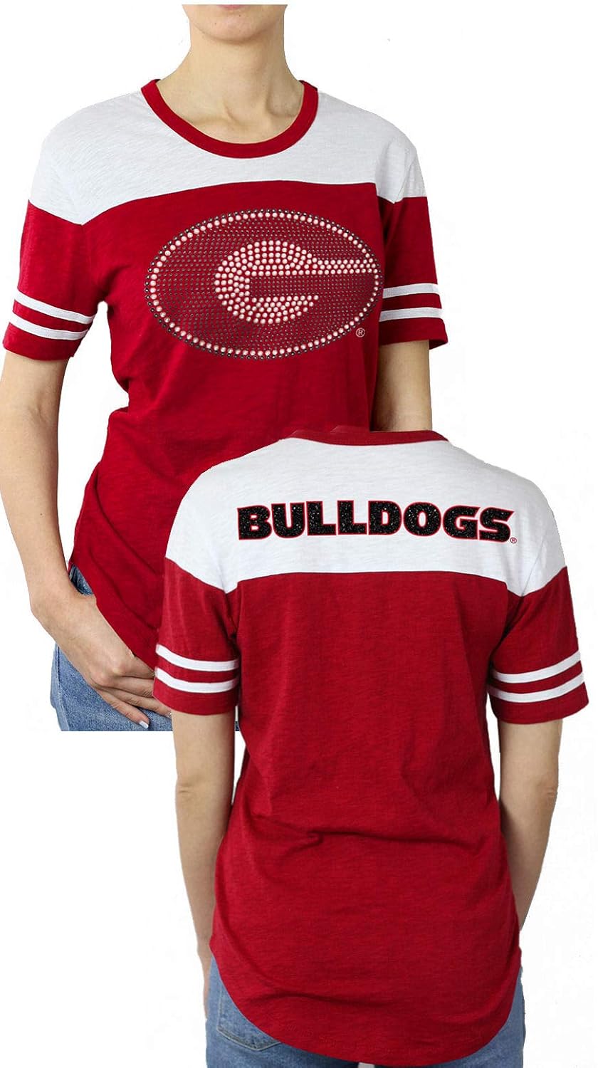 E5 Bulldogs Red Ladies NCAA Scoop Neck Bling