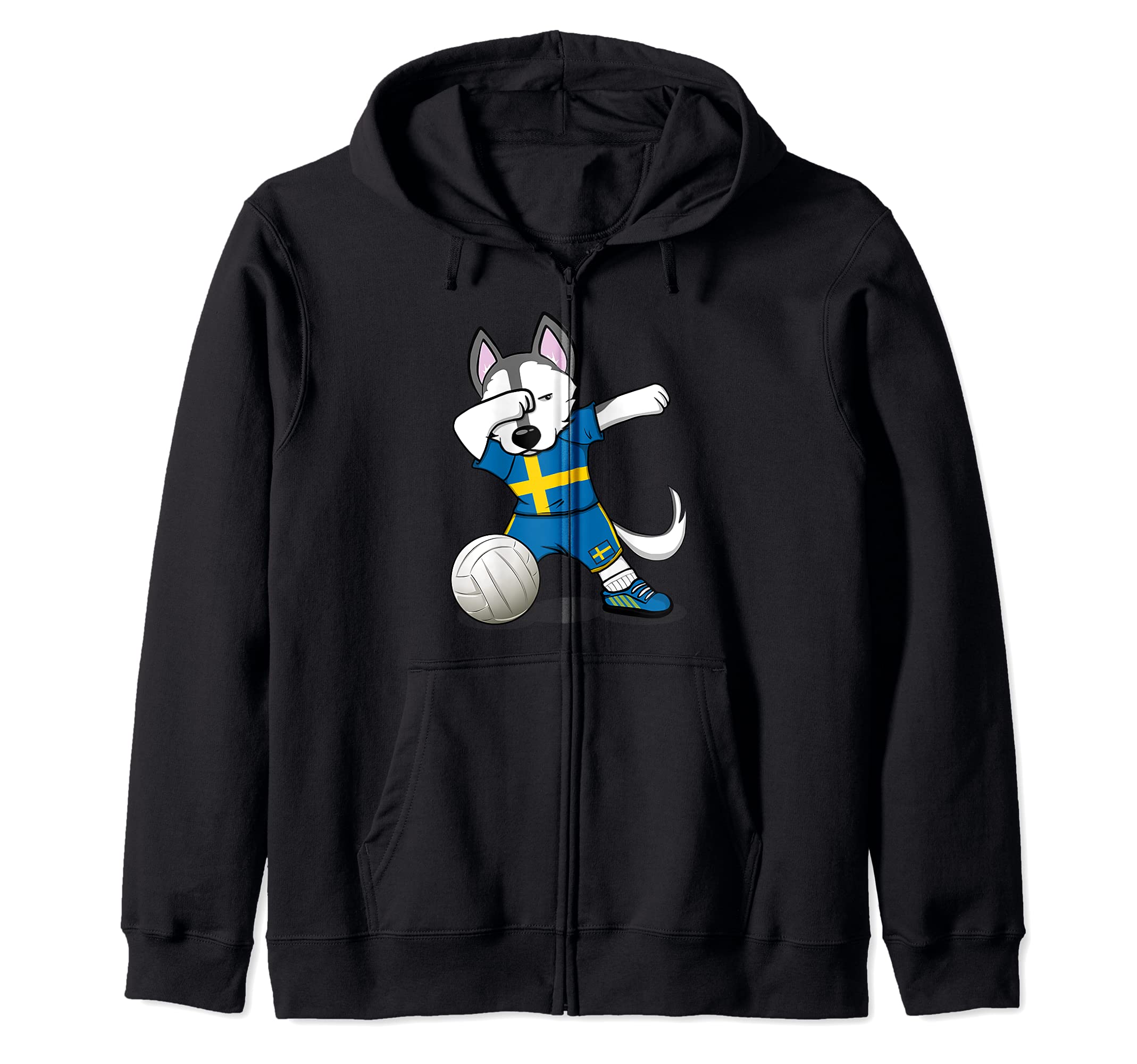 Dabbing Husky Dog Sweden Volleyball Fans Jersey Swedish Flag Zip Hoodie