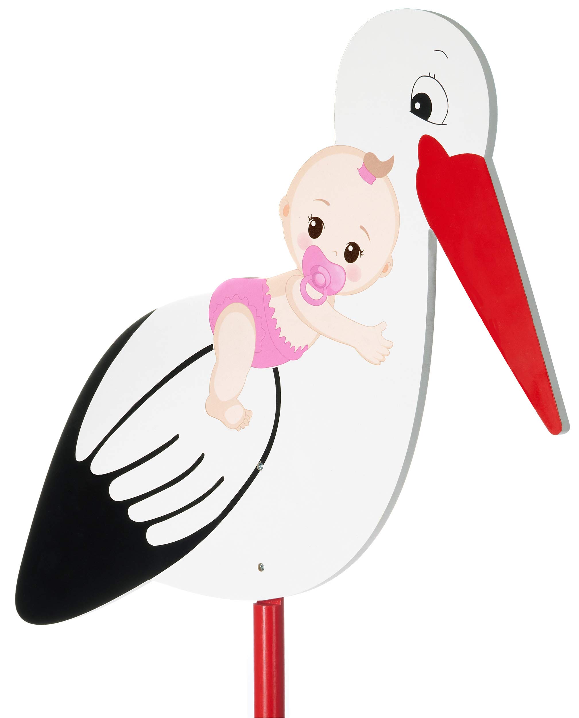 Big Wooden Stork with Baby Pink - Rattle Stork to Stick Inside and Outside - Birth Baby Stork for Girls - Birth Gift 40 Inches Big, Printed on Both Sides