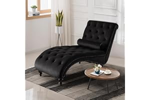 JEEOHEY Chaise Lounge Chair Indoor, Modern Button Tufted Velvet Leisure Accent Chair with Solid Wood Legs & Lumbar Pillow, Luxury Upholstered Recliner Single Sleeper Sofa for Living Room, Bedroom, Black
