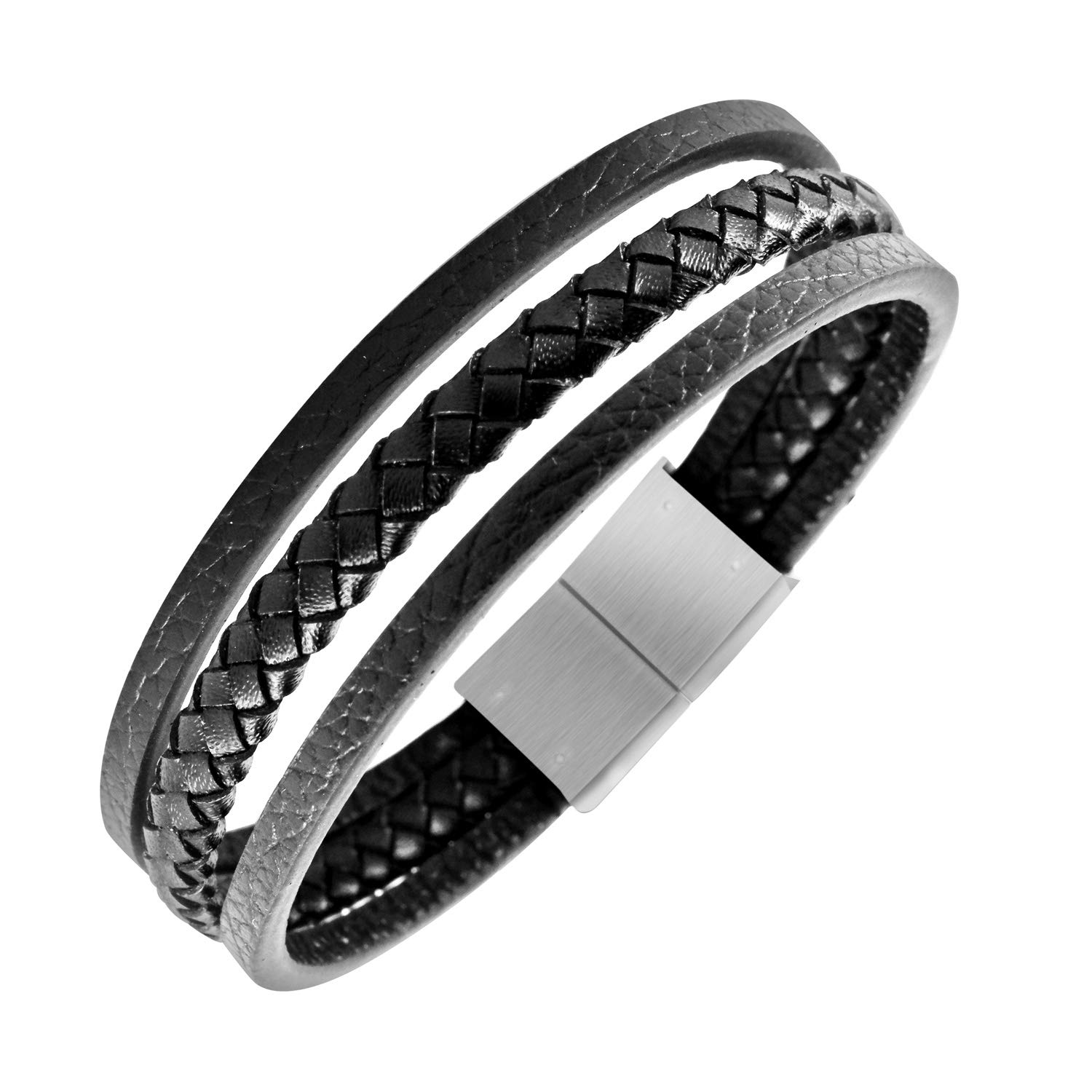 555Jewelry Mens Bracelets Leather and Steel, Magnetic Clasp Braided Multi Layered Black Leather Bracelets for Men, Mens Leather Bracelet, Men Bracelets, Silver, 7.5 Inch
