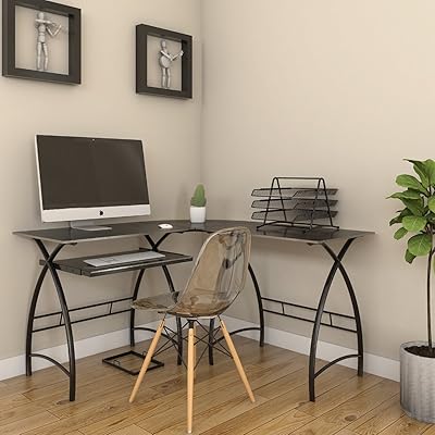 Ryan Rove Stillman Glass Large Modern L-Shaped Desk Corner Computer Office Desk for Small PC Laptop Study Table Workstation Home Office with Keyboard