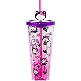 Silver Buffalo Sanrio Hello Kitty Halloween Costume Black Cat and Candy Plastic Cold Cup with Lid and Straw Topper, 24 Ounces