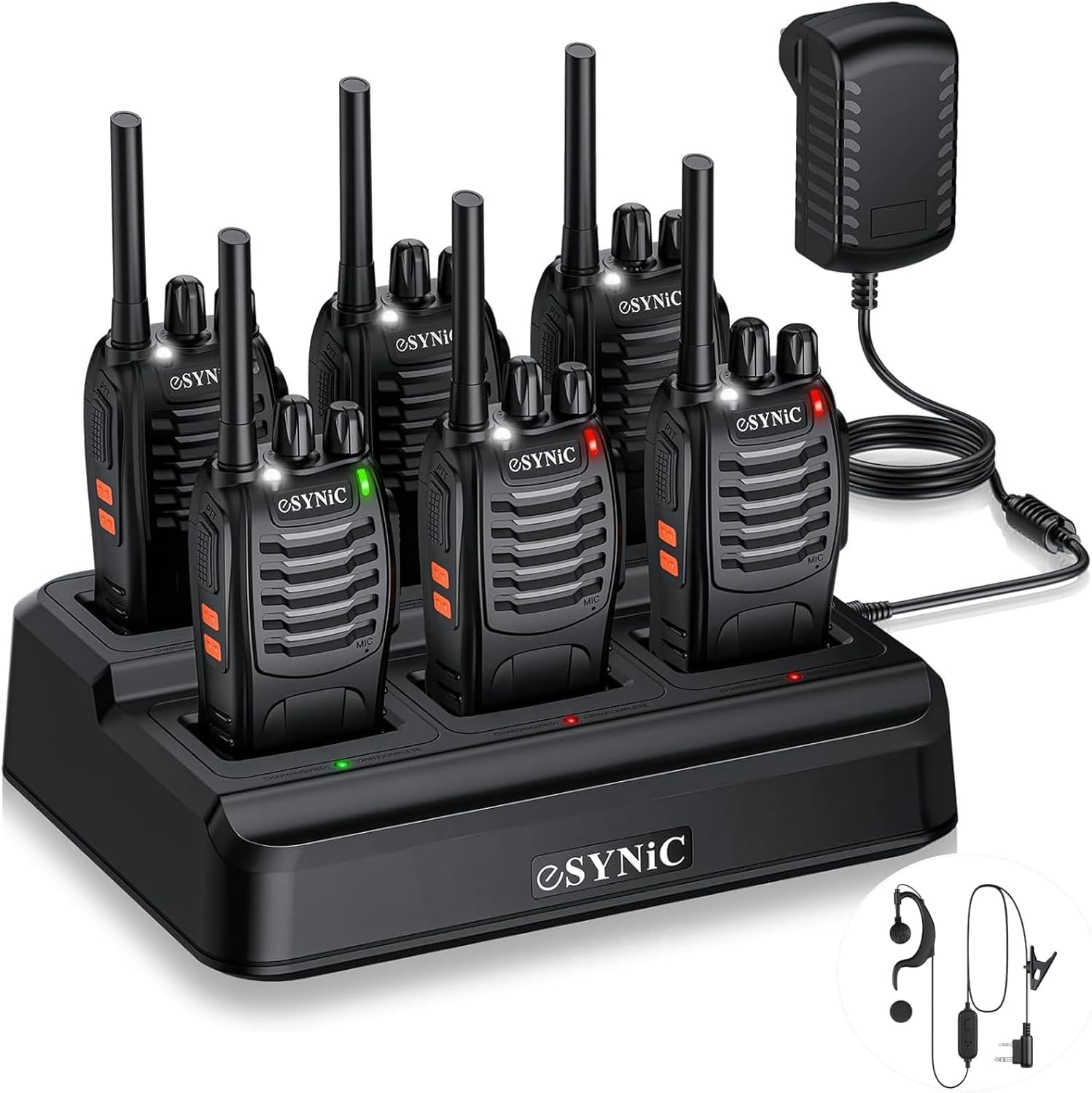 eSynic 6Pcs Walkie Talkies for Adults Professional Walkie Talkies 2 Way Radio Walkie Talkie Rechargeable Walky Talky With Original Earpieces & Charge Base Support 16CH & VOX Function for Work etc