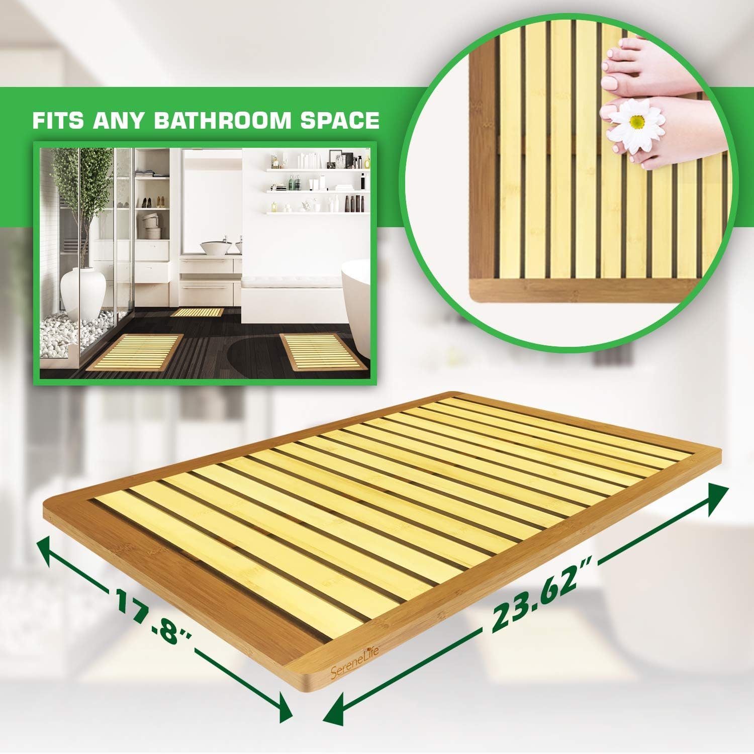 SereneLife Bamboo Wood Bathroom Bath Mat-Heavy Duty Natural or Shower Floor Foot Platform Rug with Elevated Design for Water Evaporation and Non Slip Rubber Feet for Indoor Outdoor Use: Home & Kitchen