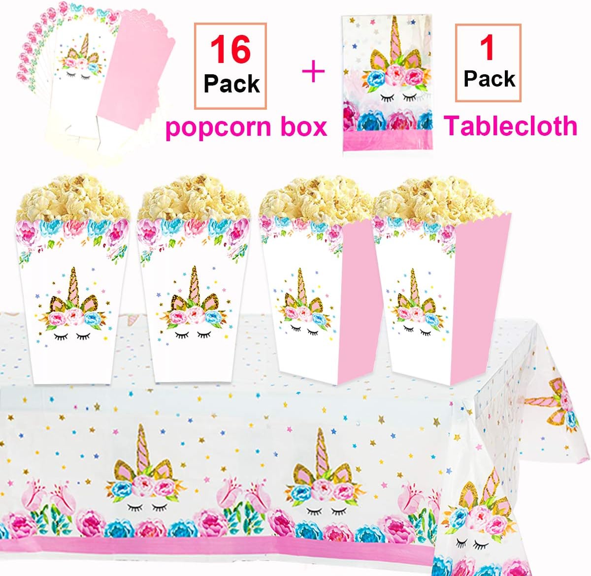 Unicorn Party Favor Boxes 16 pack&Unicorn Plastic Tablecloth Set,Unicorn Party Popcorn Treat Boxes,Candy Snacks Cookies Box Container for Baby Shower or Birthday Party Favor Supplies Decoration