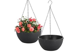 HIGSEEU 10 inch Hanging Planters for Indoor Plants, 2 Pack Planters for Outdoor Plants with Drainage Holes and Chain, Round Plastic Hanging Baskets, Hanging Flower Pots for Balcony Garden Decor-Black