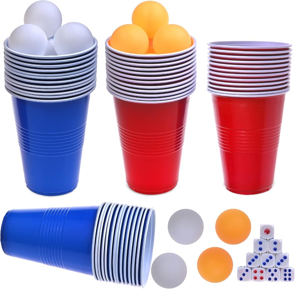 Faburo 60Pack Red Blue 16 oz Plastic Cups + 10 Ping Pong Balls 10 Dice