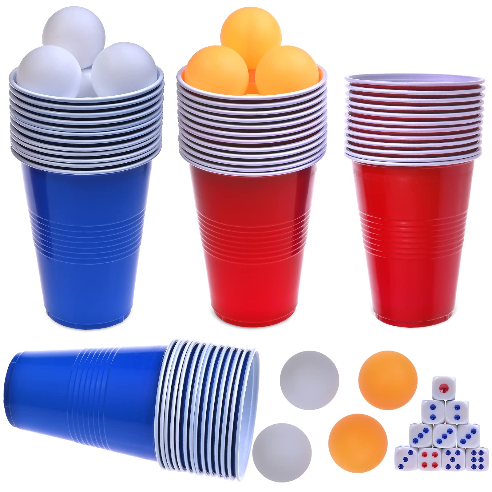 Faburo Plastic Party Cups, Pack of 60 Reusable Plastic Cups for Party Games Adult for American Games(16 oz, 480 ml), 60 Red Blue Disposable Cups, 10 Ping Pong Balls, 10 Dice — image 1