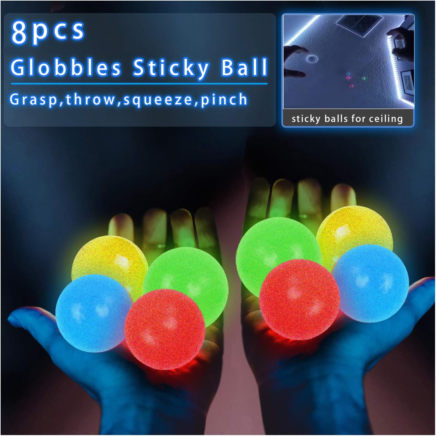 Sticky Balls for Ceiling, Gobbles Sticky Balls That Gets Stuck on The Roof, Glow Balls Sticky for Stress Relief Gifts, Squishy Stress Balls ADHD Tools for Kids (8pack)