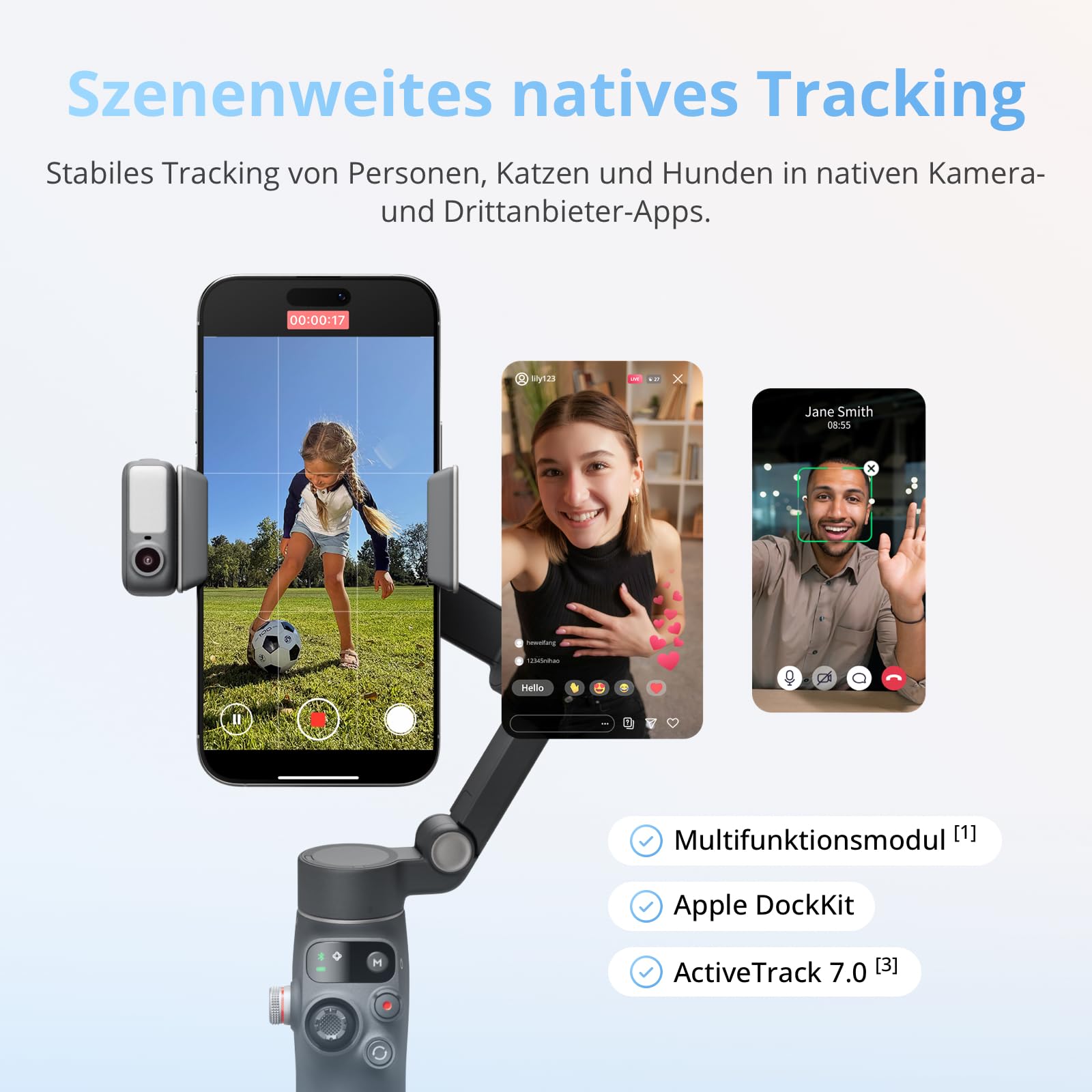 DJI Osmo Mobile 8 Advanced Tracking Combo Gimbal-Stabilisator für Smartphones, Natives AI-Tracking mit Audio und Beleuchtung, 360°-Schwenkrotation, Verlängerungsstab & Stativ integriert, 10 Std. Akku 2